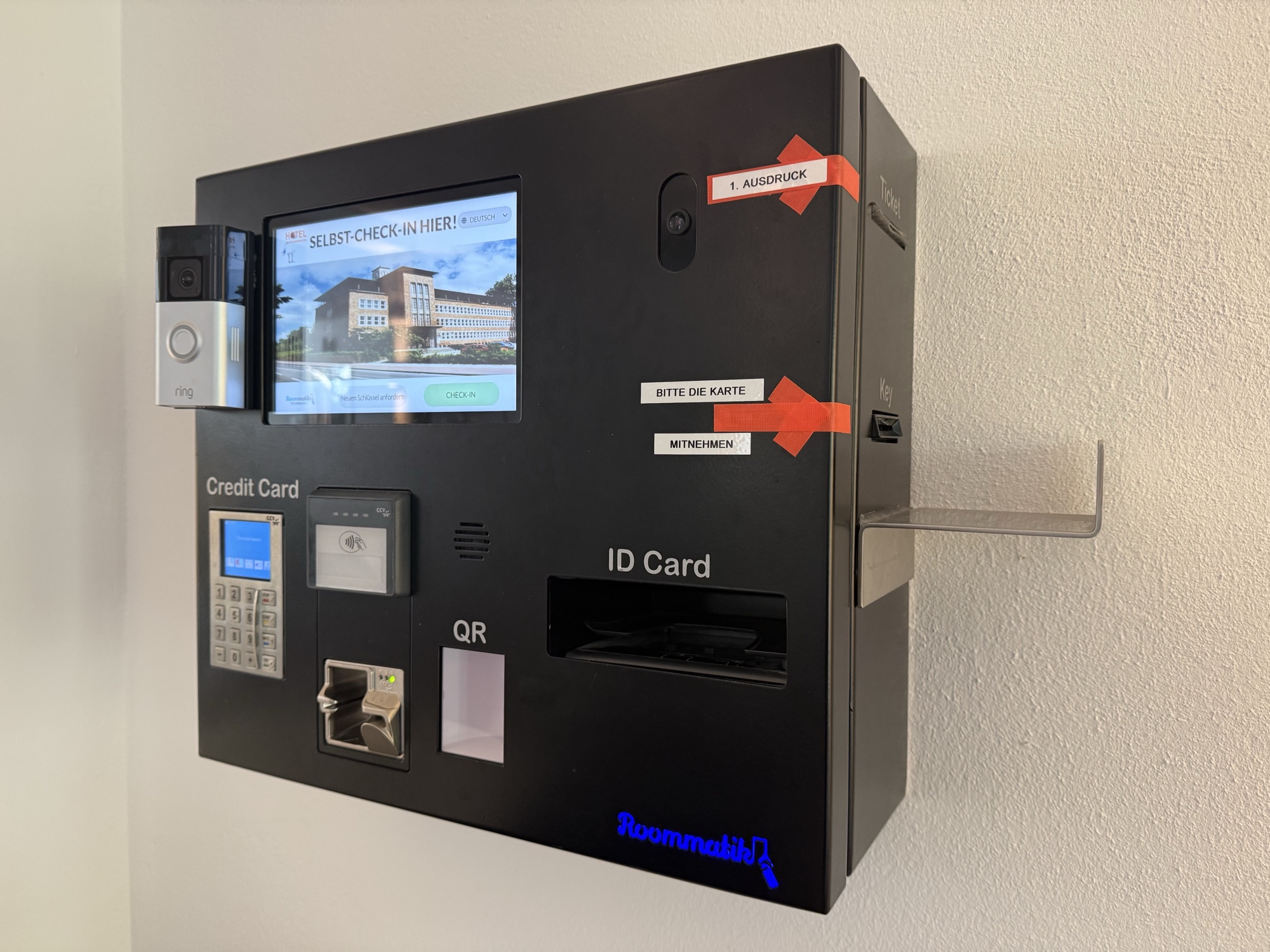 Self-check-in kiosk in the lobby — overview